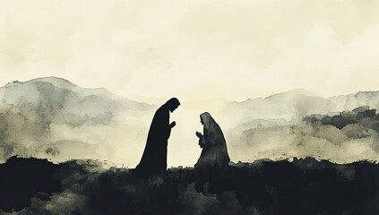 Praying silhouettes in a misty scene