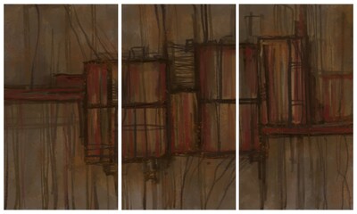 Modern interior triptych. The picture is painted by hand on a tablet.