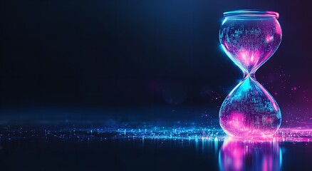 Futuristic holographic hourglass with flowing digital data on dark background — symbol of time, innovation, and business technology