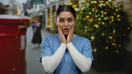 Fototapeta premium Woman nurse in blue scrubs stands outdoors hands on face near festive street with christmas tree and red mailbox in background looking surprised
