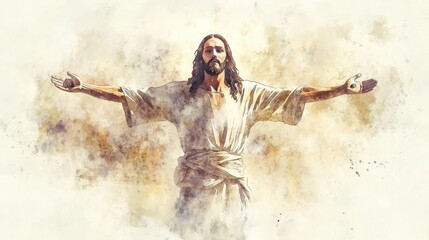 Christ figure with open arms in serene landscape