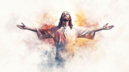 Jesus stands with open arms in a glowing aura