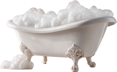 A bathtub filled with white foam and a white bath mat