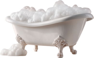A bathtub filled with white foam and a white bath mat
