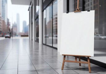  A blank sandwich board stands outside a modern cafe on a sunny street, inviting customers to read upcoming specials or announcements. 