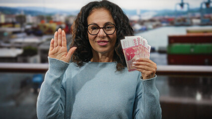 Middle-aged woman holds icelandic krona banknotes outside near a port, with a backdrop of boats and...