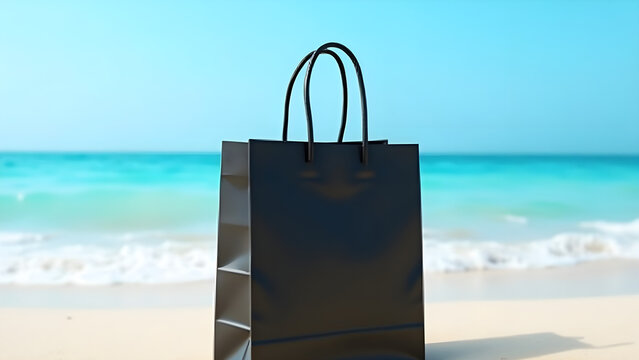 Black reusable shopping bag mockup on beach sand with ocean and blue sky background