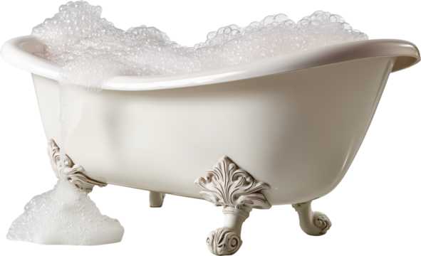 A bathtub filled with white foam and a white bath mat