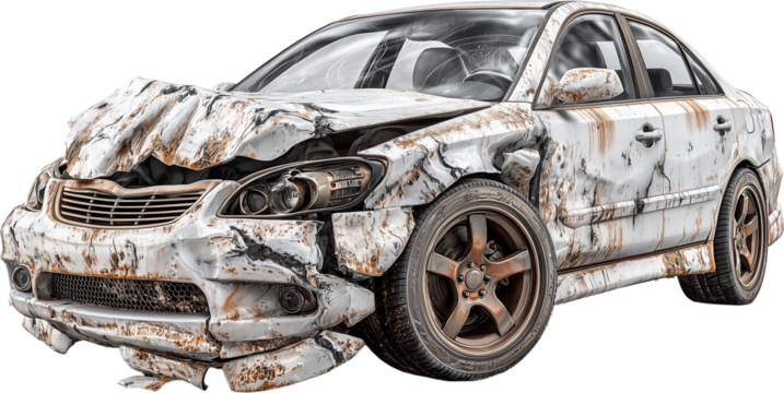 A car with a smashed front end and a damaged wheel