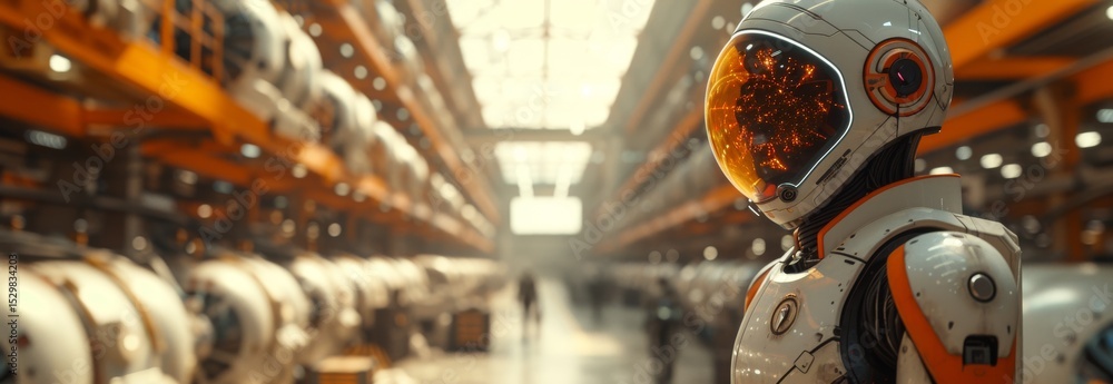Aufkleber a futuristic robot stands in a high-tech warehouse, showcasing advanced technology with glowing elem