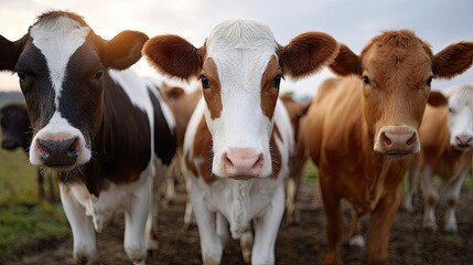 Curious calves stand in a grassy field, illuminated by soft sunlight at sunset, showcasing their youthful charm and vibrant energy