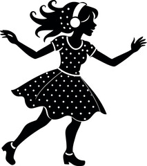 Silhouette of Girl Dancing with Headphones on White Background