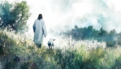 Walking with a sheep in a serene landscape at dawn