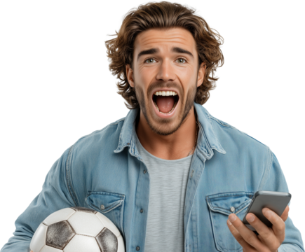 A man is holding a soccer ball and a cell phone