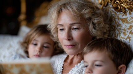 family bedtime stories, photographic series showcasing multi-generational family tradition, with grandmother reading bedtime stories to children in a cozy, well-lit bedroom