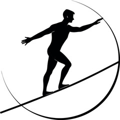 Silhouette of Man Balancing on Tightrope on White Background