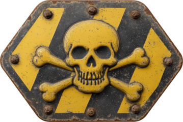 Danger or hazard sign plate with a skull with two crossed bones in yellow color