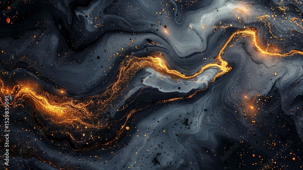 Poster an intricate abstract painting featuring swirling dark hues and golden sparkles, representing the co