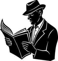 Silhouette of Man Reading Newspaper on White Background