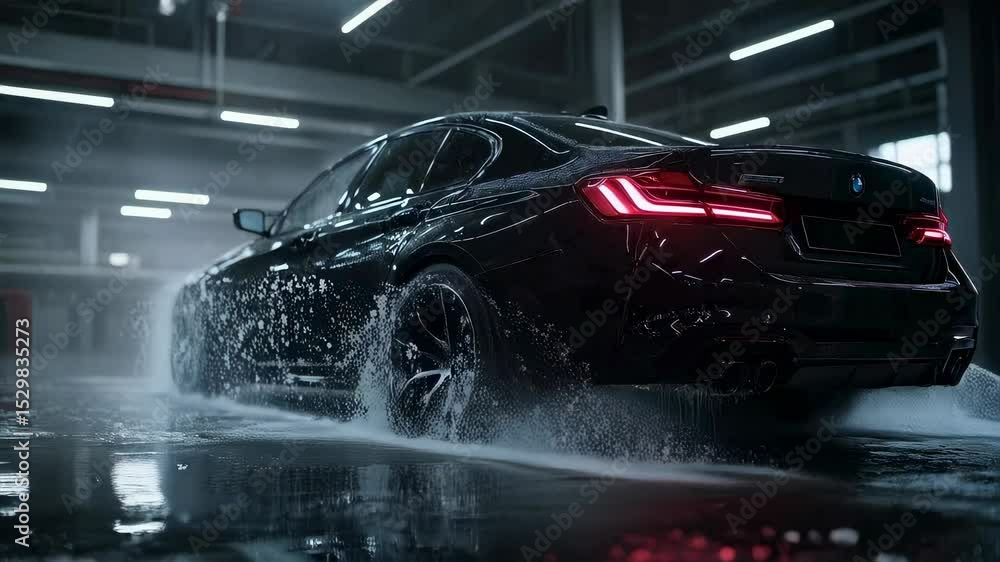 Poster futuristic car rotating in motion with reflective surface and fluid movement video