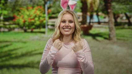 Obraz premium Young blonde woman wearing bunny ears makes funny expressions in a park with green trees and lush background highlighting the playful and joyful outdoor atmosphere.