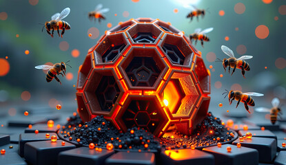 Abstract Hive with Bees and Bright Light