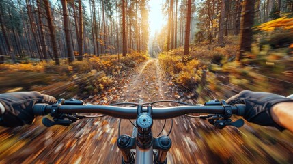 An exhilarating view from a mountain biker's perspective, dashing through a beautiful forest trail bathed in the golden light of sunset, capturing the thrill of outdoor adventure.