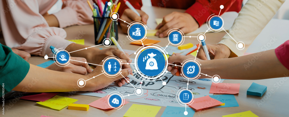 Poster a dynamic scene of diverse individuals engaged in a collaborative brainstorming session, utilizing c