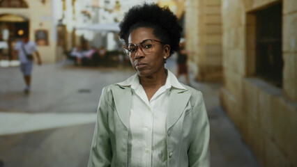 Obraz premium African american woman standing on a city street outdoors, dressed in business attire, exuding confidence and professionalism amidst a bustling urban environment.