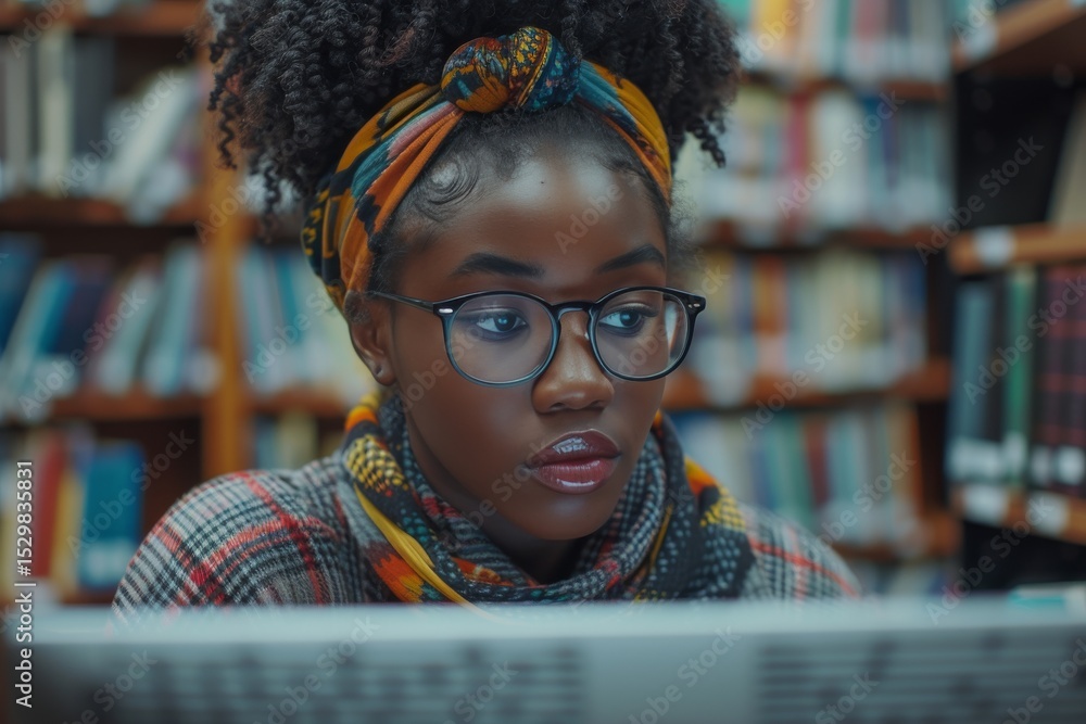 Poster a serene image of a focused student studying in a cozy library, surrounded by books, reflecting dedi