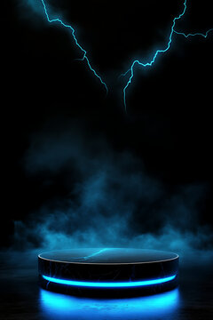 Futuristic platform illuminated by blue light, surrounded by dark fog and lightning effects