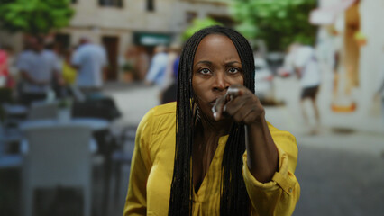 Woman with braids stands on an outdoor terrace at a bustling city cafe, capturing the essence of urban life and vibrant street energy on a sunny day.