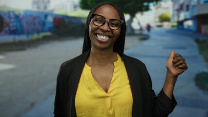 Woman smiling in urban street wearing glasses and yellow blouse showcasing outdoor happiness in a...