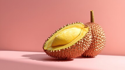 A durian fruit with its spiky shell partially open, revealing the creamy yellow flesh inside, set against a soft pink background.
