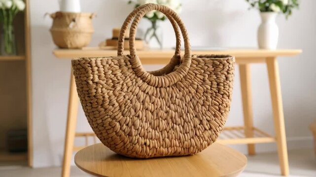 Close up of a woven raffia tote bag with rounded handles on a small wood stool in a minimalist, bright, neutral interior setting