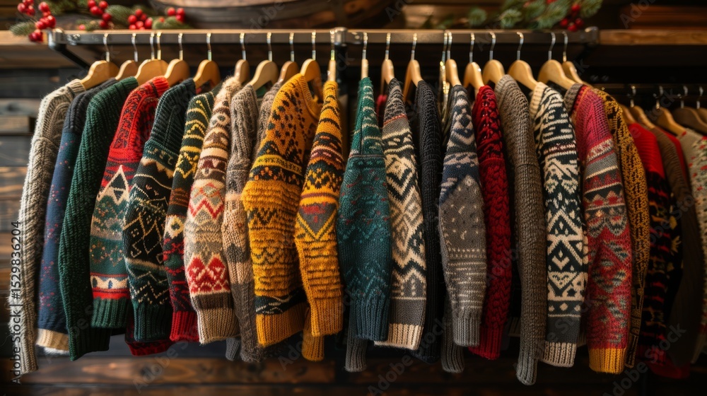 Poster a cozy display of warm, knitted sweaters in various colors and patterns, ideal for capturing winter 