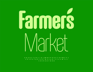 Vector Eco Signboard Farmers Market. Elegant Green Font. Stylish Digital Alphabet Letters and Numbers set. 