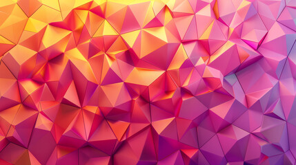 Fototapeta premium Low poly triangular prisms, geometric pattern, 3D texture dynamic art background sunset color gradient pink magenta sparkling facets fashion jewelry gem stones, futuristic clean design glamorous