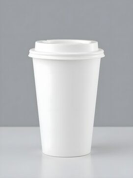 A white coffee cup with a lid on a gray background