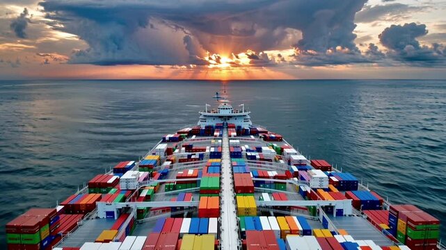 cargo ship sailing at sea filled with colorful shipping containers with powerful clouds and a dramatic sunset behind it in the distance