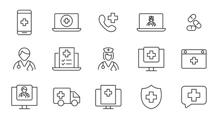 Digital Healthcare icon collection in line style. Online consultation, medical app, results, doctor appointment, health, lifestyle, collection. Vector illustration