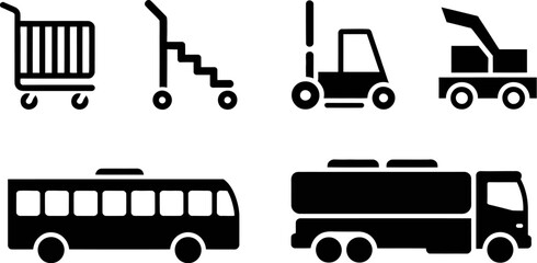 Vector icons of transport vehicles bus truck forklift shopping cart stairs lift black and white design editable stock vector illustration