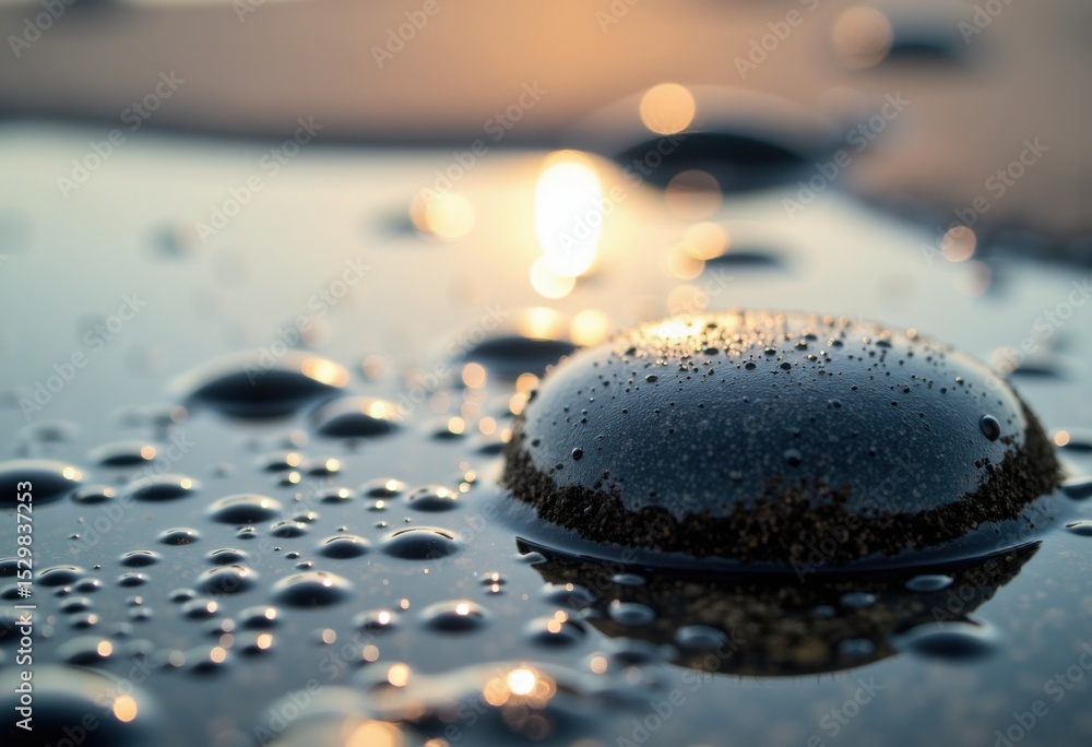 Poster close-up of water droplets on a smooth surface with sunlight reflecting in the background