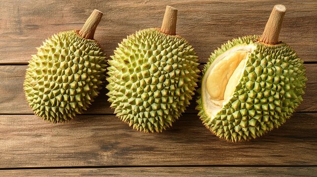 Three whole durians and one cut open showing the creamy yellow flesh, all placed on a wooden surface.