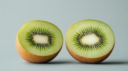 Two halves of a fresh kiwi fruit display vibrant green flesh and tiny black seeds against a neutral background.