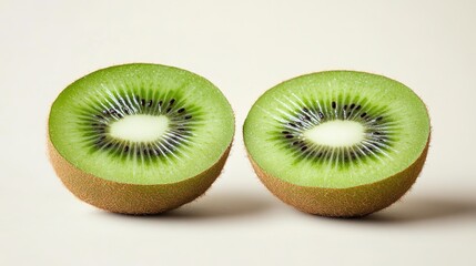 Two halves of a fresh kiwi fruit with bright green flesh and tiny black seeds are displayed against a plain background.