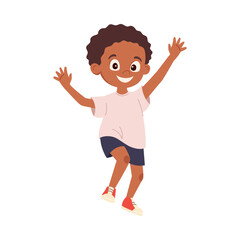 Happy cartoon boy jumping and smiling, celebrating success joyfully. Cute child in casual outfit having fun. Childhood character. Vector illustration for card, banner, poster, print and design element