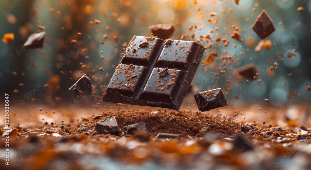 Poster a delectable chocolate bar is suspended in mid-air amidst a mesmerizing background of floating cocoa