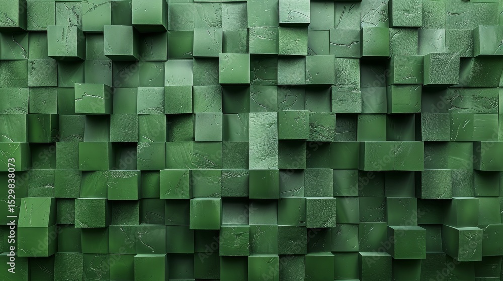Aufkleber a close-up view of a vibrant green textured wall made of cubes, creating an abstract pattern that ev