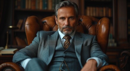 A distinguished gentleman sits confidently in an ornate leather chair surrounded by books, embodying a timeless affinity for literature and wisdom.